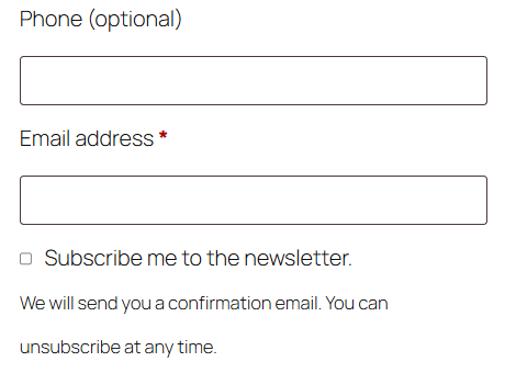 Newsletter checkbox and small print below the billing email on the classic checkout