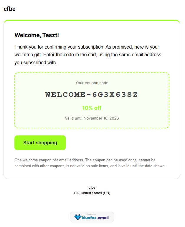 Welcome coupon email