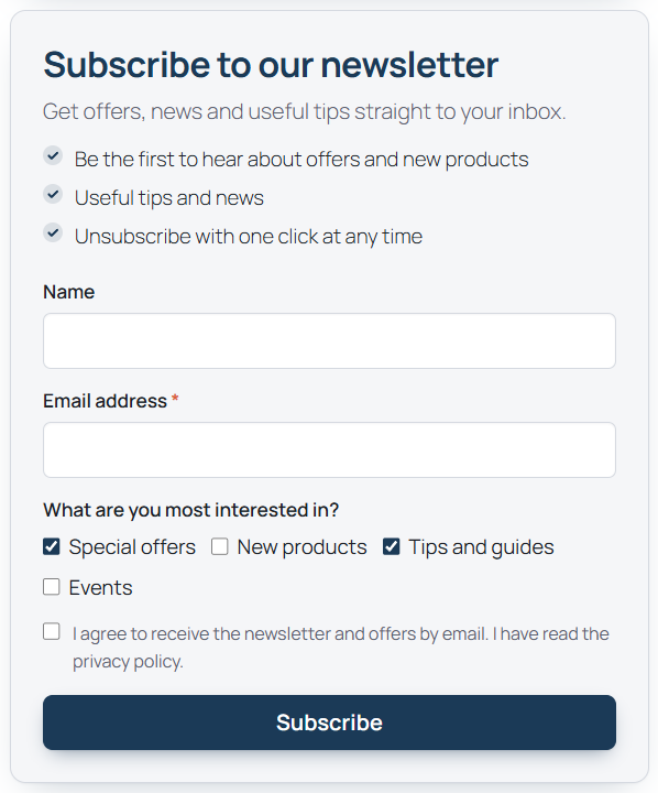 Signup form with the interests field as checkboxes
