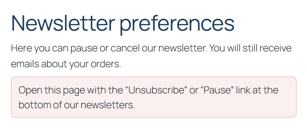 Preferences page opened without a token: title, intro and a note to use the Unsubscribe or Pause link of a newsletter