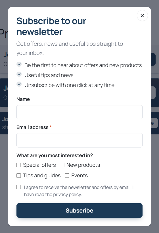 Signup form in the promo dialog