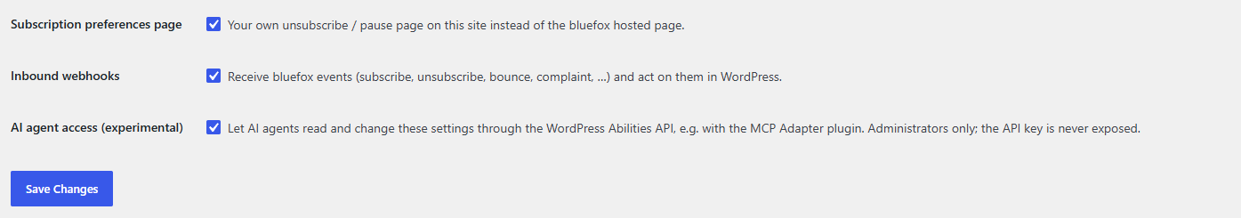 AI agent access switch in the Features section of the General tab