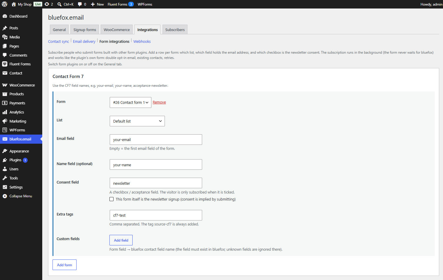 Form integrations tab