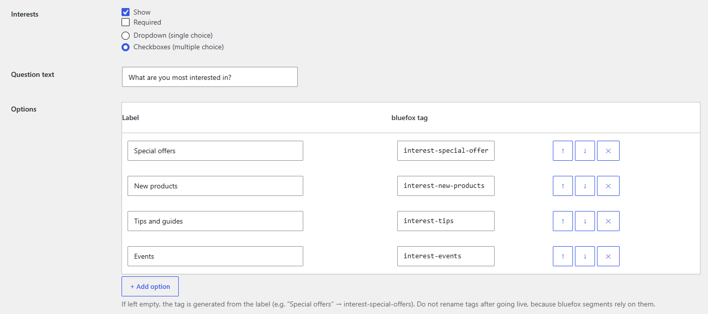 Interests settings on the Form tab: show, required, dropdown or checkboxes, question text and label → tag options