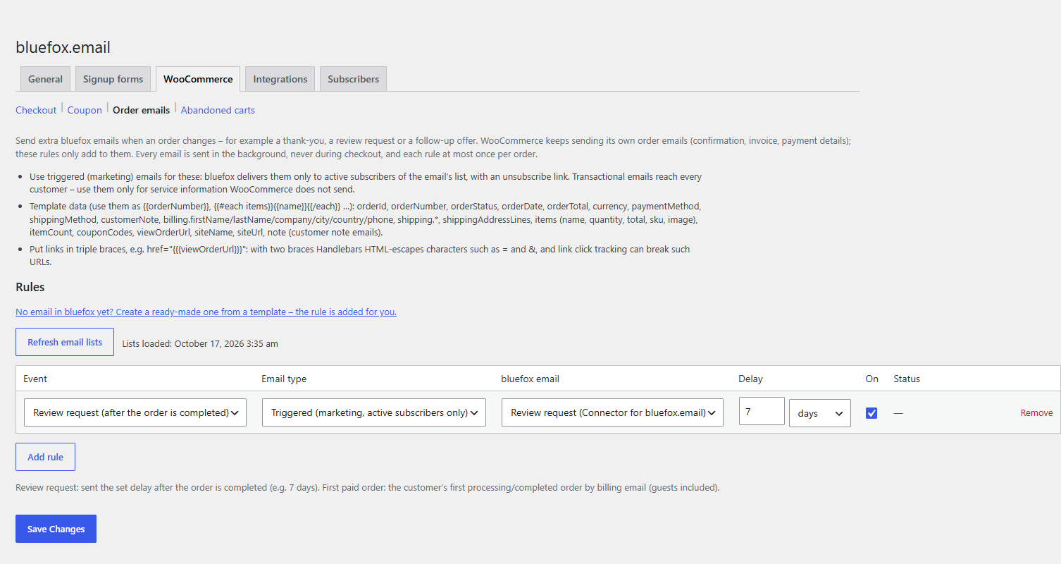 Order emails tab