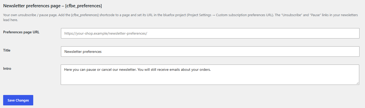 Newsletter preferences page section on the Emails tab: page URL, title and intro