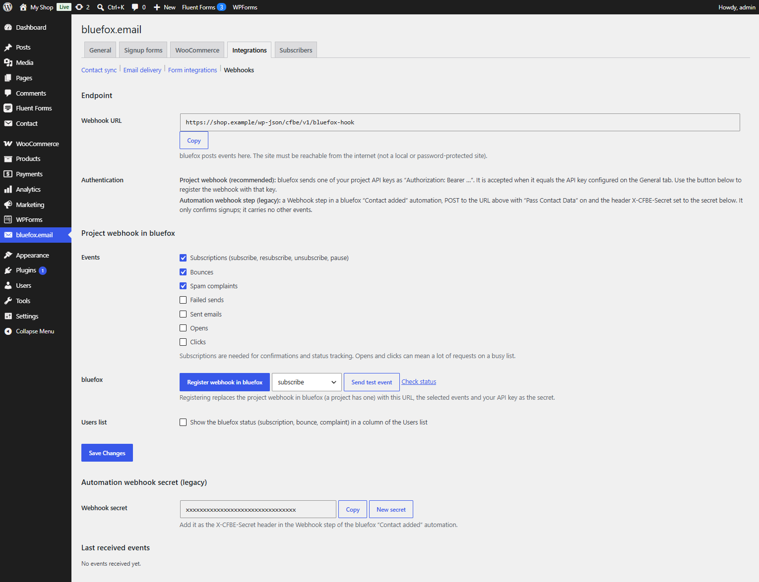 Webhooks tab